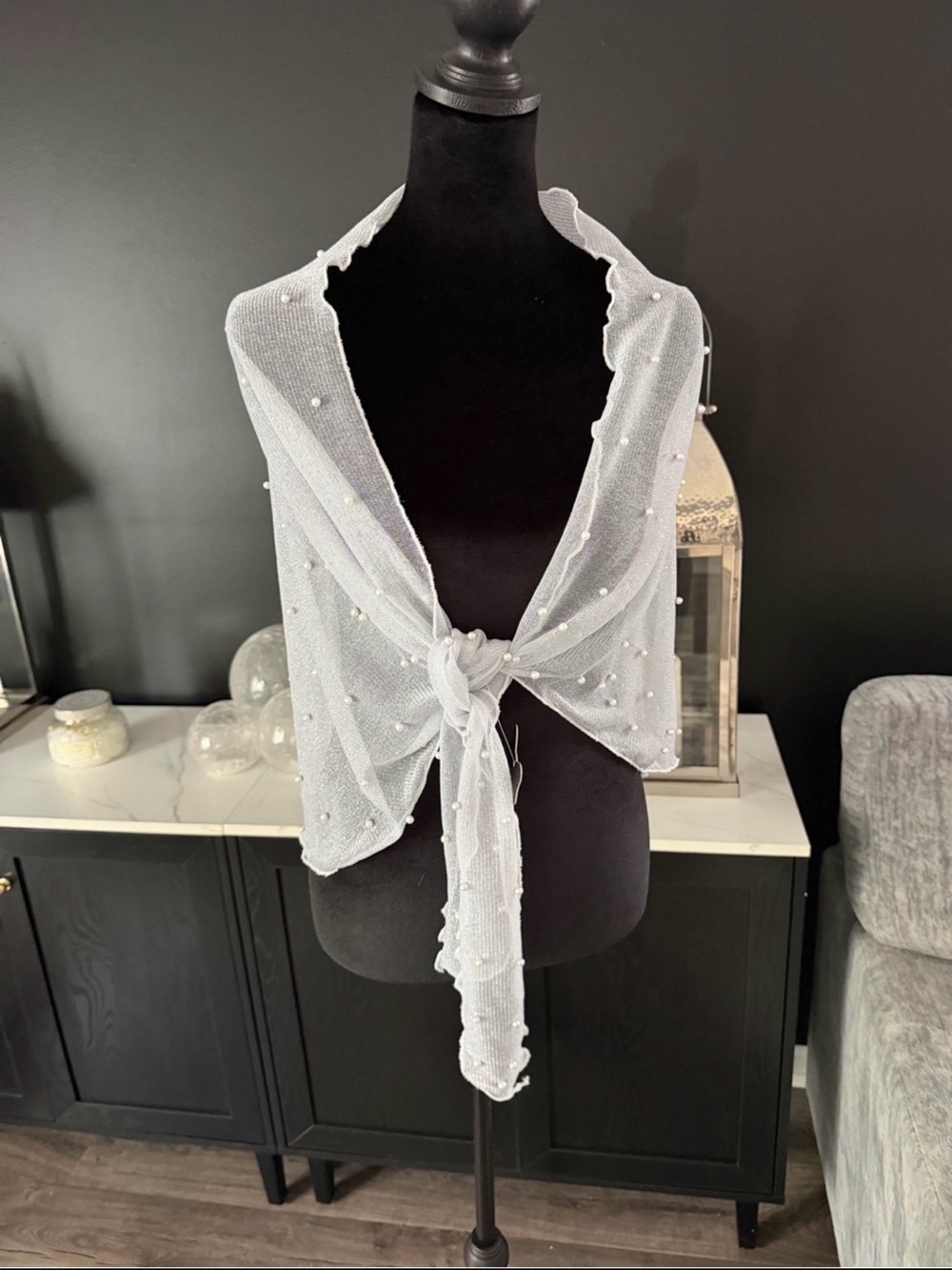 NWT White Pearl Mesh Tie Front Shrug Cover Up One Size